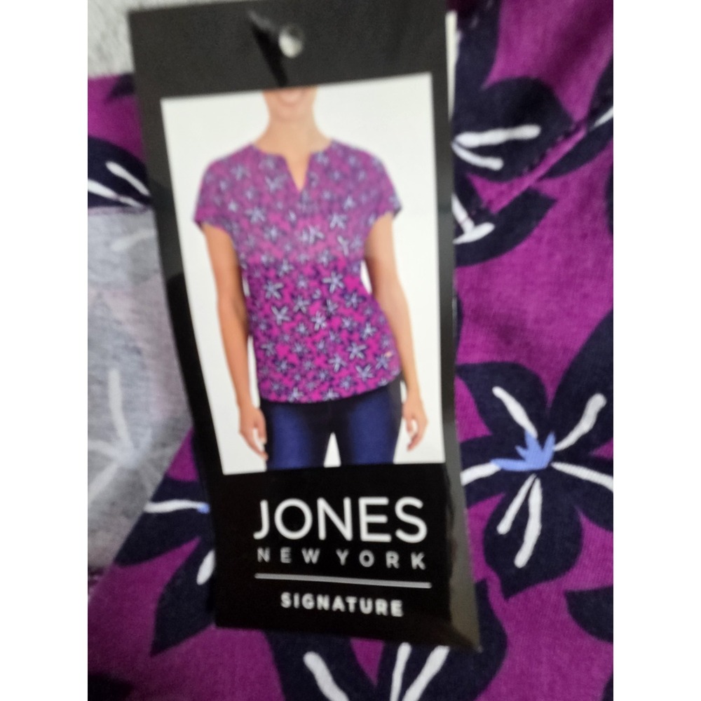 Jones New York Signature Womens 3XL Tunic Top Purple Hollyhock Print V Neck NEW - Picture 2 of 8